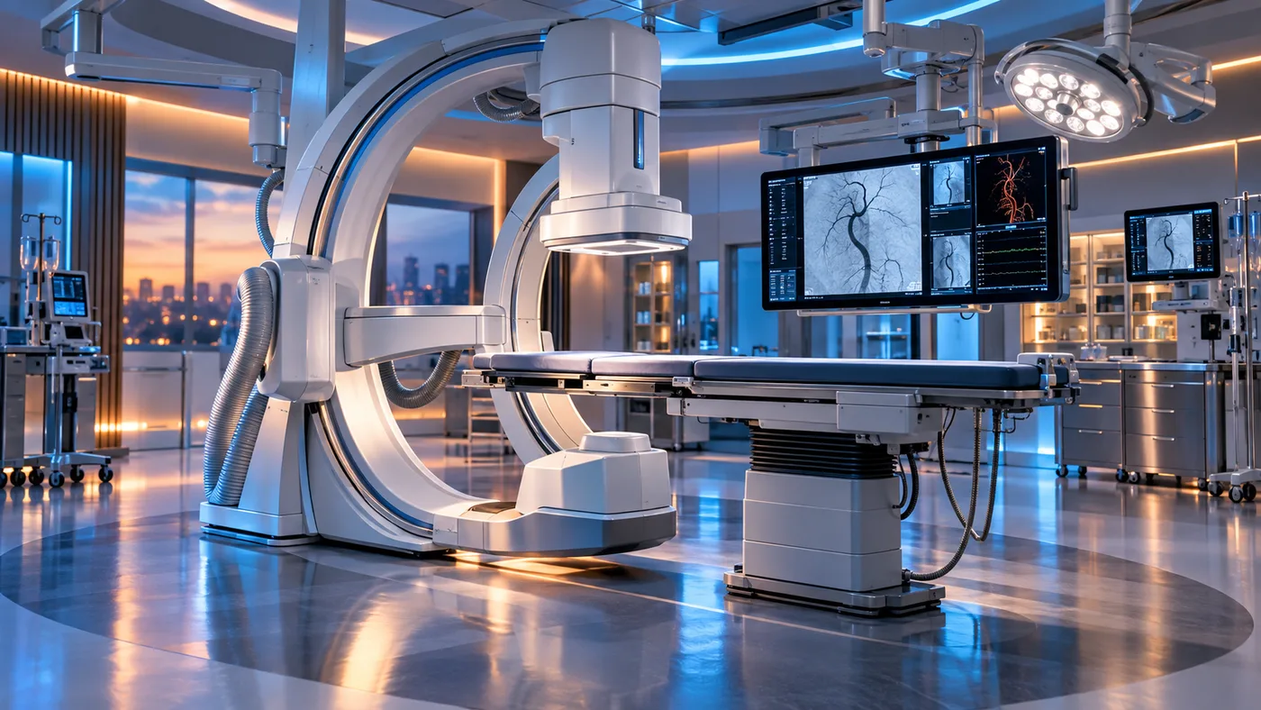 A cath lab with its C-arm and procedure table