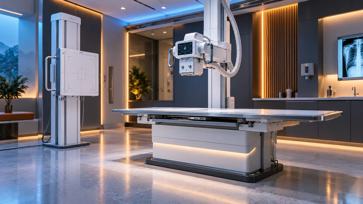 A digital radiography room with its tube column and table