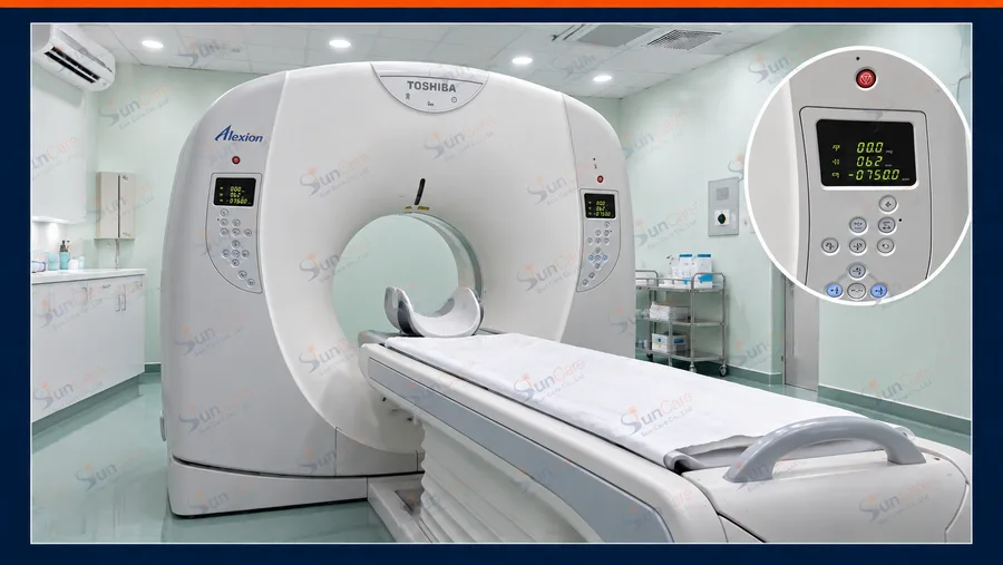 The CT gantry with its control panel readings after calibration
