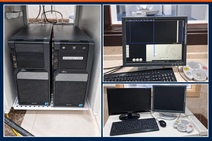 The CT acquisition and reconstruction workstations in the control room
