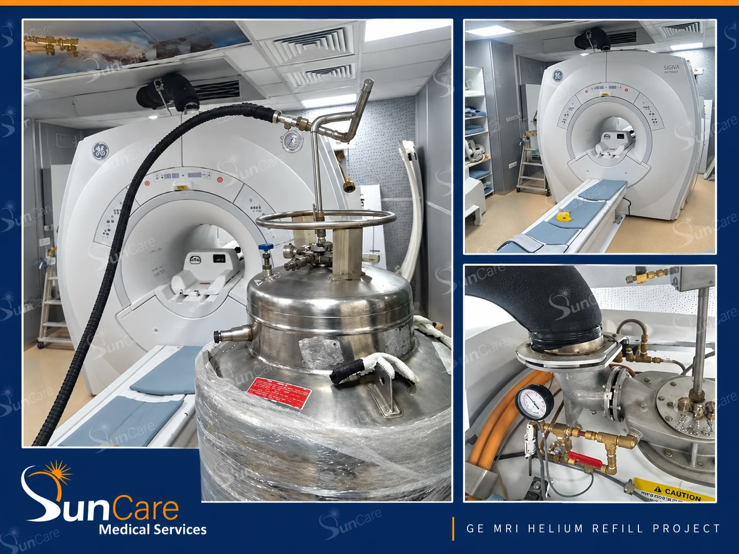A helium dewar, transfer line and pressure gauge connected to an MRI magnet