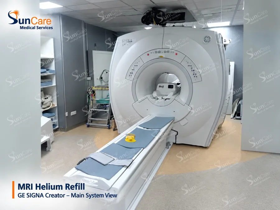 A GE SIGNA Creator 1.5T MRI prepared for a helium refill
