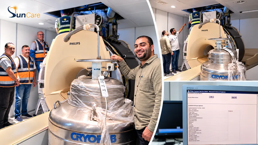 A Philips MRI magnet with the cryogen dewar and the service screen