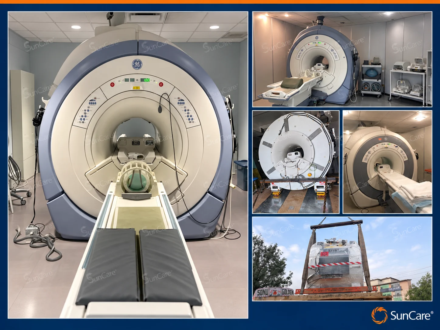 A GE MRI system prepared, crated and craned onto a transport vehicle