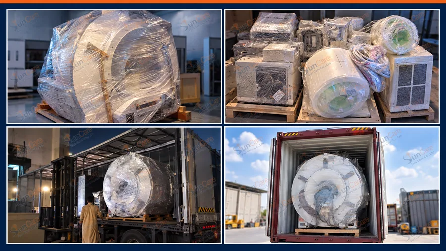 The dismantled magnet wrapped, palletised, loaded and sealed into a container