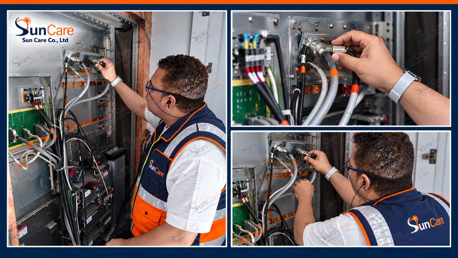 A Sun Care engineer working inside the MRI system cabinet