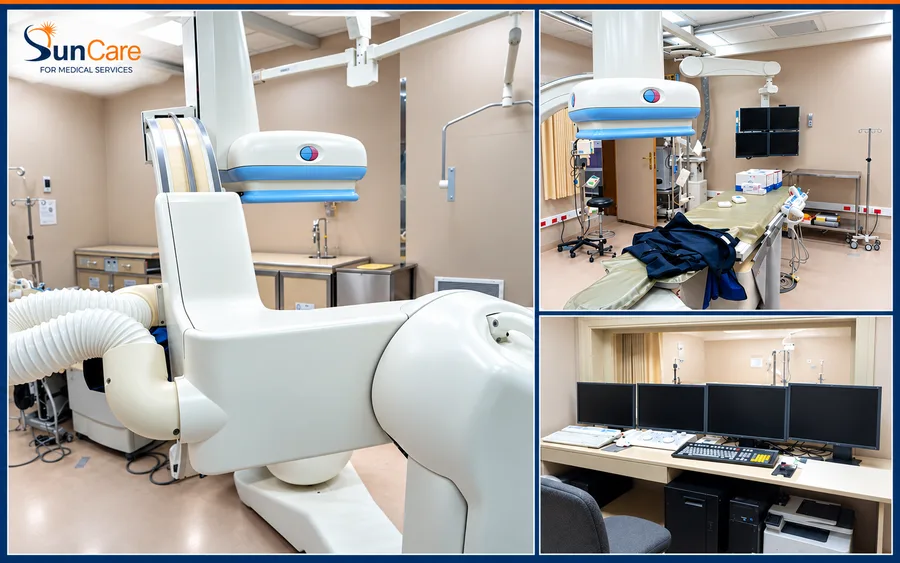 An interventional radiology suite with its C-arm, table and control room
