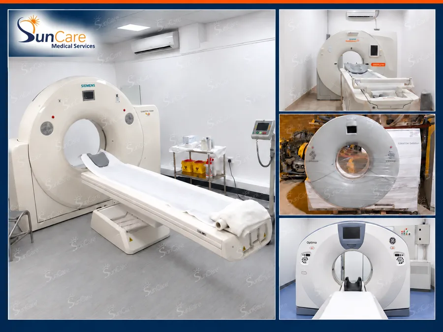 Siemens and GE CT systems in service, including a gantry opened for repair