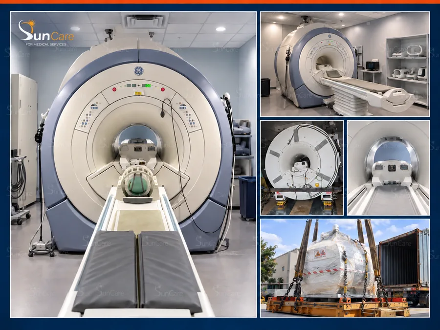 An MRI magnet wrapped, secured and loaded into a shipping container