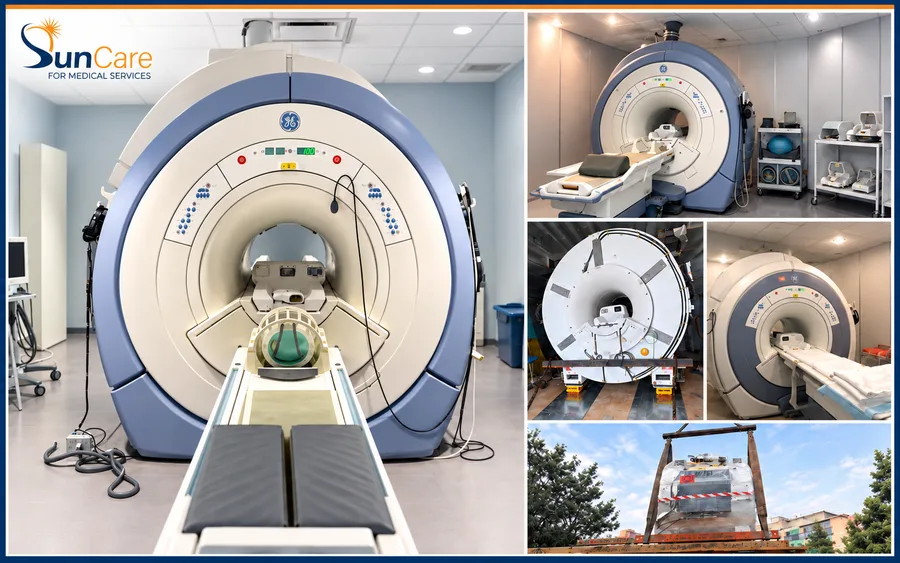 A GE 1.5T MRI system, its magnet on transport skates and loaded for export
