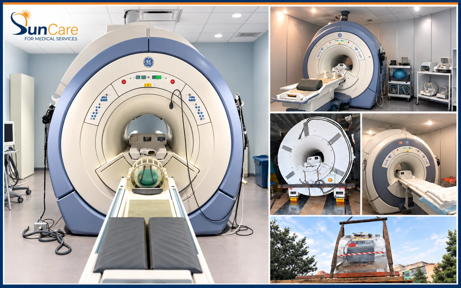A GE 1.5T MRI system, its magnet on transport skates and loaded for export