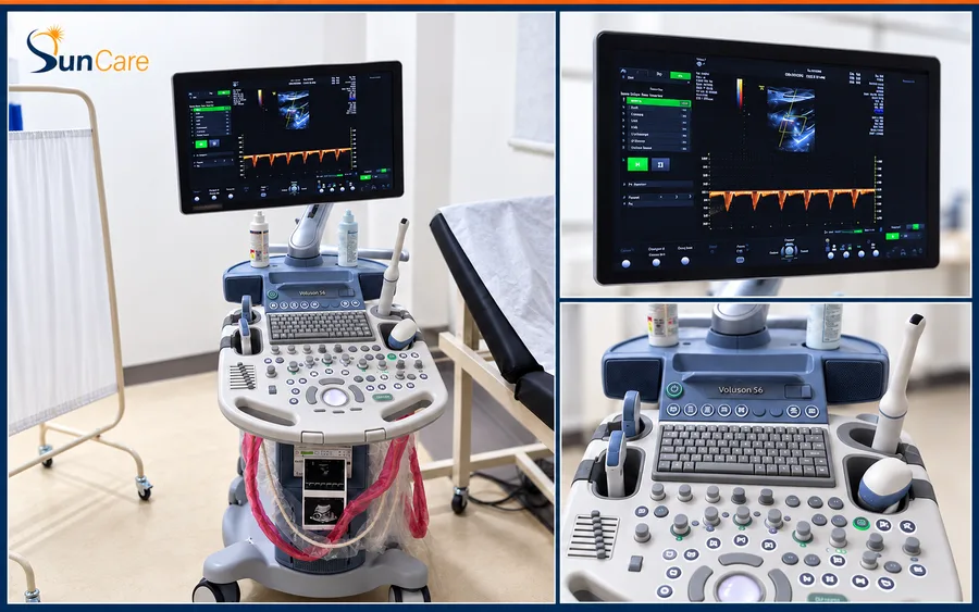 A GE Voluson S6 ultrasound system with its control panel and display