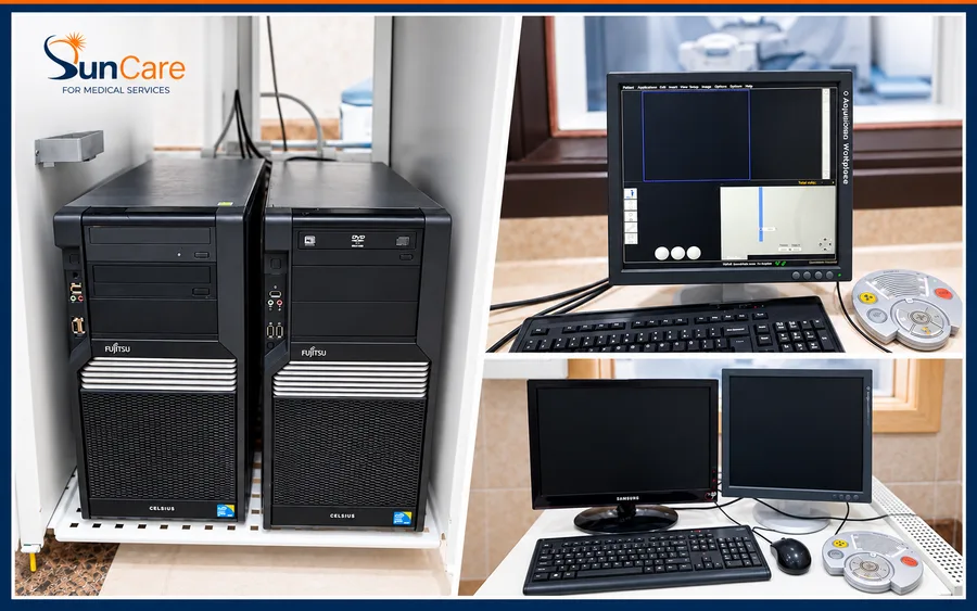 Acquisition and reconstruction workstations set up in an imaging control room