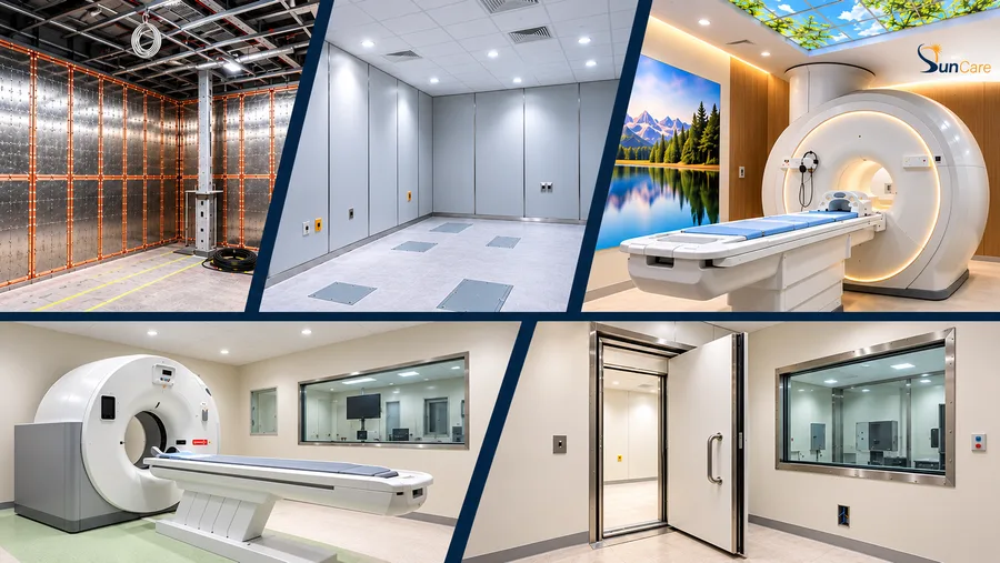 The structural shielding frame, ceiling services and the finished suite