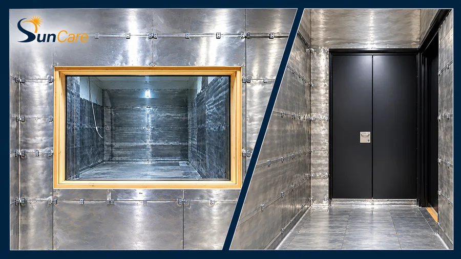 An RF-shielded MRI room with its shielded window and door