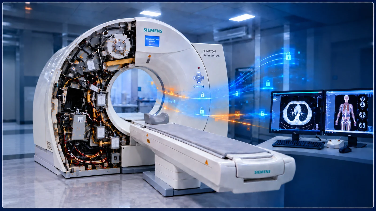 Sun Care maintenance: a Siemens CT with its covers removed for service, beside the reading workstation