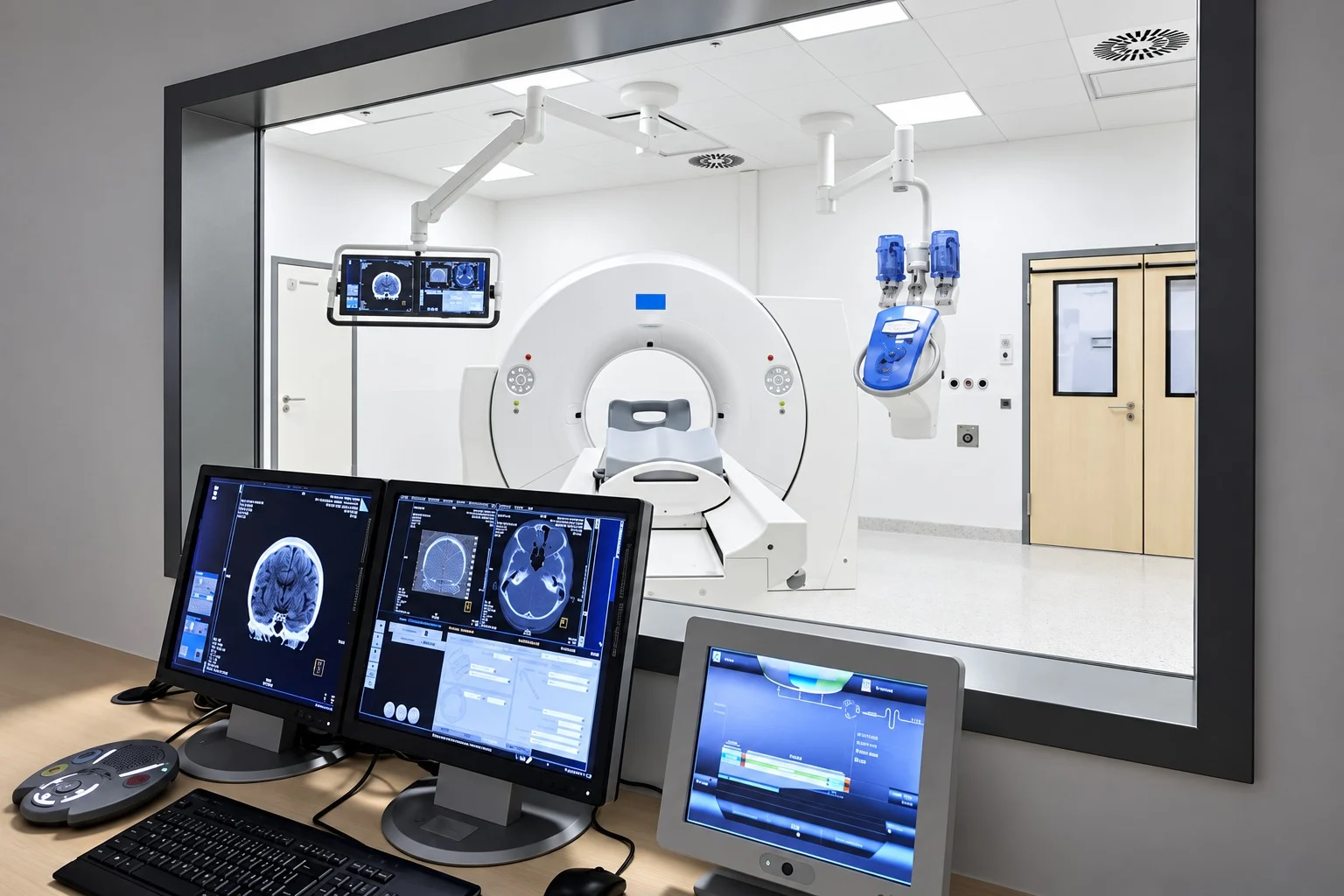 An imaging control room with reading workstations and the CT suite through the viewing window